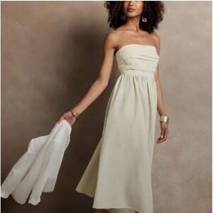 NWT Banana Republic Strapless Pleated Linen Blend‎ Midi Dress Beige 6 Petite